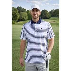 GREYSON Golf Polo Shirt Mens Large‎ Blue White Stripe Logo Short Sleeve Logo